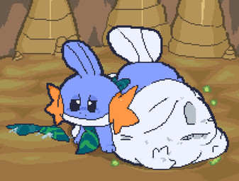 ambiguous_feral ambiguous_gender ambiguous_pred ambiguous_prey anthro anthro_prey ass_up belly belly_on_ground big_belly black_sclera blue_back blue_body blue_face blue_fin blue_kerchief blue_legs blue_neckerchief blue_skin blush bodily_fluids cave cheek_gills closed_smile clothed clothed_feral clothing clothing_on_ground countershade_belly countershade_face countershade_skin countershading cross-eyed death digitigrade discarded_clothing discarded_kerchief discarded_neckerchief eye_roll face_imprint feral feral_pred fin fully_inside gills green_kerchief green_neckerchief hand_imprint head_fin huge_belly imprint inside kerchief monotone_back monotone_belly monotone_legs motion_lines mouth_closed multicolored_body multicolored_kerchief multicolored_neckerchief multicolored_skin narrowed_eyes neckerchief neckwear nose_blush o_< on_ground orange_gills paws quadruped resting_on_belly rumbling_stomach saliva saliva_on_clothing saliva_on_ground same_size_vore satisfied_look smile soft_vore solo stalagmite standing tail tail_fin three-quarter_view two_tone_kerchief two_tone_neckerchief unseen_prey vore white_belly white_body white_countershading white_eyes white_face white_fin white_skin meatcanister nintendo pokemon pokemon_mystery_dungeon spike_chunsoft amphibian generation_1_pokemon generation_3_pokemon mammal mudkip pikachu pokemon_(species) rodent 2025 digital_media_(artwork) english_description full-length_portrait pixel_(artwork) portrait