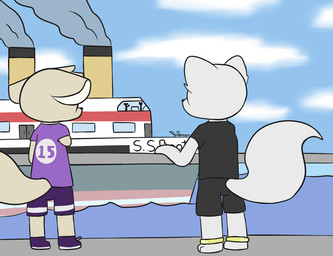 amputee anklet anthro barefoot bottomwear clothing day disability duo_focus feet footwear fur grey_body grey_fur group jewelry male outside railing sea ship shirt shoes shorts sky smoke standing topwear vehicle water watercraft white_body white_fur piebunny canid canine fennec_fox fox mammal true_fox