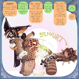 3_toes balls barefoot big_balls big_butt big_penis bodily_fluids bra bracelet breasts brown_body brown_fur butt claws cleavage clothed clothing colored_nails crossdressing cum drooling duo ear_piercing excessive_cum excessive_genital_fluids feet female fur genital_fluids genitals green_eyes hair jewelry leaning leaning_forward legwear long_hair male male/female nails orange_nails partner_swap penis piercing profanity saliva speech_bubble spiked_bracelet spikes tail text thigh_highs toes underwear stagbeetle_(artist) root_(stagbeetle) stick_(stagbeetle) canid canine felid feline lynx mammal procyonid raccoon_dog tanuki 1:1 2026 english_text hi_res