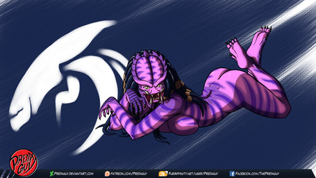 breasts dreadlocks female not_furry nude pose solo text predaguy predator_(franchise) ch'kara fan_character alien yautja 16:9 digital_media_(artwork) hi_res pinup url widescreen