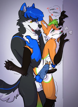 4_toes 5_fingers abdominal_bulge against_surface against_wall anal anal_penetration anthro balls belly big_ears big_penis black_body black_fur black_nose black_pawpads black_penis blue_body blue_fur blue_penis blush bodily_fluids butt cheek_tuft countershading cum cum_in_ass cum_inside cumshot dipstick_tail duo ejaculation eyebrows eyelashes facial_tuft feet fingers fluffy fluffy_tail from_behind_position fur genital_fluids genitals gloves_(marking) green_body green_eyes green_fur green_hair green_tail grey_body grey_fur hair half-closed_eyes humanoid_hands internal leg_markings looking_pleasured male male/male markings multicolored_body multicolored_fur multicolored_tail narrowed_eyes nude orange_body orange_fur orange_tail pawpads penetration penis raised_leg sex shaking short_hair size_difference slim smile socks_(marking) spread_legs spreading standing standing_sex tail tail_markings text toes tongue tongue_out tuft white_balls white_belly white_body white_fur duskiglow enkowusky flashingfox canid canine canis fox mammal wolf 2021 hi_res