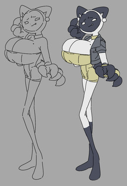 4_fingers anthro big_breasts biped black_body breasts cleavage cleavage_overflow clothed clothed_anthro clothed_female clothing digit_ring dress featureless_feet feet female female_anthro finger_ring fingers gloves_(marking) huge_breasts jacket jewelry leg_markings looking_at_viewer markings mole_(marking) mole_on_breast multicolored_body skinny_anthro skinny_female socks_(marking) solo standing tail tight_clothing topwear two_tone_body white_body aortauricle minke_(aortauricle) domestic_cat felid feline felis mammal 2026 colored_sketch digital_drawing_(artwork) digital_media_(artwork) sketch