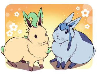 alternate_species ambiguous_gender blue_body blue_fur border brown_body brown_eyes brown_fur dewlap_(anatomy) duo feral flower fur gradient_background orange_background paws plant quadruped simple_background sitting standing tan_body tan_fur whiskers white_border ichthy0stega nintendo pokemon eeveelution generation_4_pokemon glaceon lagomorph leafeon leporid mammal pokemon_(species) rabbit 2015