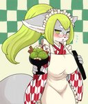 4_fingers anthro apron big_breasts blush breasts clothed clothing eyewear female fingers fully_clothed fur glasses green_eyes green_hair grey_body grey_fur hair huge_breasts kemono looking_at_viewer open_mouth simple_background solo nobox05 cyberconnect2 drecom full_bokko_heroes oota_suketomo_(full_bokko_heroes) canid canine fox mammal 2019 hi_res