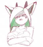 2018 annoyed antelope anthro bichosan bovid breast_squish breasts cleavage clothed clothing cross-popping_vein crossed_arms female grazing_antelope green_eyes green_hair hair half-length_portrait horn libbie long_hair looking_at_viewer looking_down mammal mascot nipple_outline open_mouth oryx portrait shirt simple_background sketch solo squish tank_top topwear vein white_background white_hair