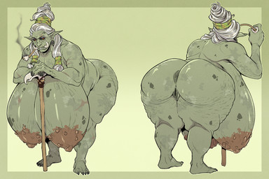 age_spots anus big_breasts big_butt black_sclera bone breasts butt cane elderly_female female genitals green_body grey_hair hair hair_bun hanging_breasts hunched_over looking_at_viewer multiple_poses nipples overweight overweight_female pose pupils red_pupils sagging_breasts scar simple_background skull smoking smoking_pipe solo stretch_marks thick_thighs tusks vulva wrinkles cosmicdanger me'pam_(homura) humanoid orc 3:2 hi_res model_sheet