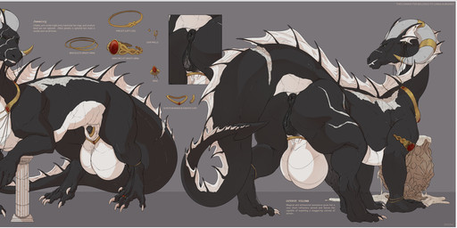 animal_genitalia animal_penis animal_vulva anus armlet balls big_balls big_breasts big_butt big_penis black_body black_nipples black_penis black_scales black_vulva bodily_fluids bracelet breasts butt chain choker clitoral_winking clitoris cum curled_horn digit_ring equine_genitalia equine_penis equine_vulva erection excessive_cum excessive_genital_fluids facial_scar feet feral flaccid flared_penis frill_(anatomy) frill_piercing furgonomics furry-specific_piercing gem genital_fluids genitals green_eyes gynomorph herm holding_balls horn horn_jewelry huge_balls huge_breasts huge_penis hybrid_genitalia hybrid_penis intersex jewelry knot knotted_equine_penis knotted_penis leg_scar natural_breasts necklace nipple_piercing nipples penis piercing puffy_anus pupils ring ruby_(gem) scales scar scrotum_jewelry sheath sheath_jewelry slit_pupils solo text toe_ring toes vulva white_balls white_body white_breasts white_scales conditional_dnp oouna european_mythology mythology linna_auriandi_(character) dragon mythological_creature mythological_scalie scalie western_dragon absurd_res english_text hi_res long_image model_sheet wide_image