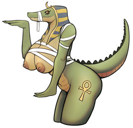 ankh anthro arm_wraps bandage bandage_on_face big_breasts big_nipples black_claws blue_headdress bottomless breasts chest_wraps claws clothed clothing egyptian egyptian_clothing egyptian_headdress female green_body green_scales linen_wrap looking_at_viewer mouth_wraps nipples orange_eyes pink_nipples pupils scales simple_background solo striped_headdress white_background wraps yellow_body yellow_headdress yellow_scales hewa egyptian_mythology middle_eastern_mythology mythology walk_like_an_egyptian ammit alligator alligatorid crocodilian reptile scalie 2025 hi_res