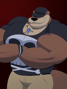 aged_up annoyed anthro armband biceps big_muscles big_pecs black_baseball_cap black_clothing black_nose black_shirt black_topwear blue_clothing blue_shirt blue_t-shirt blue_topwear brown_body brown_fur character_between_pecs clothing countershade_neck countershade_snout countershade_torso countershading crossed_arms deltoids duo exclamation_point facial_hair fangs fingers forearm_muscles fur goatee grin head_tuft hidden_eyes khaki_shorts looking_back macro male muscular muscular_arms narrowed_eyebrows pecs red_background round_ears shaded_background shadow shirt simple_background skull_print smile snout t-shirt tail tan_body tan_fur tan_inner_ear teeth thick_neck topwear triceps tuft talegas echo_(game) echo_(series) echo_project chase_hunter sydney_bronson asian_small-clawed_otter mammal mustelid otter river_otter 2025 3:4 digital_media_(artwork) half-length_portrait hi_res line_art portrait signature