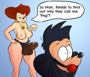 anthro ball_gag black_body black_fur breasts dildo dominant dominant_female duo ear_piercing ear_ring female floppy_ears fur gag half-closed_eyes imminent_pegging imminent_sex lube_bottle lube_on_sex_toy lube_string male male/female mature_anthro mature_female narrowed_eyes nipples piercing pupils ring_piercing sex_toy small_pupils smile strapon text wide_eyed lordcuckness disney goof_troop max_goof peg_pete canid canine canis domestic_dog mammal english_text hi_res
