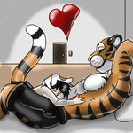 anthro bed bedroom belly_hug clothing door duo eyes_closed furniture hand_on_partner heart_symbol holding_belly hug larger_anthro larger_male looking_down lying male male/male on_top size_difference smaller_human smaller_male smile tail jeremiah_leckrone nero_(shorty) felid human mammal pantherine tiger 1:1