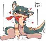 anthro biped brown_eyes clothing featureless_crotch fur green_body green_fur heart_symbol kerchief looking_at_viewer male simple_background sitting solo text white_background shin. izuna_(shin.) canid canine canis domestic_dog mammal japanese_text