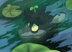 ambiguous_form ambiguous_gender blue_eyes detailed_background fur green_eyes green_inner_ear green_inner_ear_fluff green_nose grey_body grey_fur inner_ear_fluff lily_pad looking_up multicolored_eyes notched_ear partially_submerged plant plant_on_head pupils slit_pupils snout solo sprout_(plant) tuft two_tone_eyes water yellow_sclera jaspering jasper_(jaspering) alligator alligatorid american_alligator canid canine canis crocodilian domestic_dog hybrid mammal reptile scalie 2019 cool_colors digital_media_(artwork) digital_painting_(artwork) restricted_palette shaded signature nonbinary_(lore) trans_(lore) trans_man_(lore)