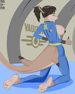 4_toes 5_fingers anthro barefoot blush breasts brown_hair claws clothing curling_toes feet female fingers gesture hair hand_gesture humanoid_feet humanoid_hands jumpsuit non-mammal_breasts plantigrade smile soles solo thumbs_up toe_claws toes vault_suit yellow_eyes fedupfox fallout microsoft sencha aquatic fish shark 4:5 hi_res