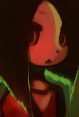 anthro black_eyebrows black_hair black_nose close-up clothing creepy cute_fangs empty_eyes eyebrows fangs female hair kemono long_hair looking_at_viewer open_mouth pupils red_body red_skin shirt solo standing suspenders teeth topwear hasukii unknown_species character_request hi_res