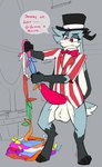 absurd_res anthro antlers balls bow_tie clothed clothing dialogue genitals hat headgear headwear hi_res horn jackalope kyle_(topazknight) lagomorph magic male mammal object_vore partially_clothed penis solo text topazknight urethral vore