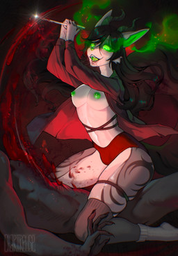 accessory anthro athletic athletic_gynomorph athletic_intersex blood blood_on_chin blood_on_face blood_on_knife blood_splatter bodily_fluids bottomwear breasts bulge clothed clothing coat dark_hair death erect_nipples flaming_eyes footwear garter glowing glowing_eyes gore green_eyes green_nipples grey_body gynomorph gynomorph/male gynomorph_focus horn intersex intersex/male intersex_focus killing knife leg_garter legwear looking_at_another looking_at_partner looking_down looking_down_at_partner male midriff nipples nude_male on_top open_clothing open_coat open_mouth open_topwear partially_clothed partially_clothed_gynomorph partially_clothed_intersex shirt shorts simple_background smoking_eyes socks stab teeth thigh_highs topless topwear ventral_groove chartreuse_jack zoe_(kamikazekit) felid mammal hi_res
