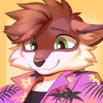 aloha_shirt ambiguous_gender anthro arctic_fox black_clothing black_topwear blush canid canine cheek_tuft clothed clothing cross_fox dipstick_ears doppelfoxx ear_markings facial_tuft fangs fox green_eyes head_tuft hi_res looking_down mammal multicolored_ears open_clothing open_shirt open_topwear palm_tree_print pattern_clothing pattern_shirt pattern_topwear pink_clothing pink_shirt pink_topwear red_fox ruddi shirt simple_background small_fangs smile solo teeth topwear true_fox tuft yaxley_warrick_(doppelfoxx) yellow_background