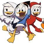 anthro bottomless clothed clothing costume food fruit group holidays male plant pumpkin shirt topwear young young_anthro disney ducktales ducktales_(2017) halloween dewey_duck huey_duck louie_duck anatid anseriform avian bird demon duck ghost spirit brother_(lore) brothers_(lore) sibling_(lore) triplets_(lore)