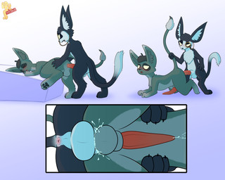 alternate_view anal anal_penetration animal_genitalia anthro anus balls balls_deep beret big_butt big_ears big_penis black_body blush bodily_fluids butt butt_grab claws clothing cum cum_inside cum_while_penetrated doggystyle duo ejaculating_while_penetrating ejaculation erection eyewear feral from_behind_position fur fur_markings genital_fluids genitals glowing glowing_eyes green_body green_fur hair hand_on_butt hat headgear headwear long_penis lying male male/male male_penetrated male_penetrating male_penetrating_male markings monocle nude on_front open_mouth pawpads penetration penile penis sex simple_background tail tail_grab text tongue under_view conditional_dnp solnaux microsoft ori_(series) xbox_game_studios gever(moki) kio(moki) mammal moki_(species) absurd_res artist_name digital_media_(artwork) hi_res shaded