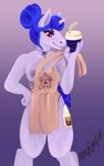 anthro apron apron_only breasts clothing coffee_cup container cup female hair hair_bun horn looking_at_viewer mostly_nude nipples simple_background solo steam text text_on_apron text_on_clothing reallycoykoifish hasbro my_little_pony mythology equid equine mammal mythological_creature mythological_equine unicorn hi_res