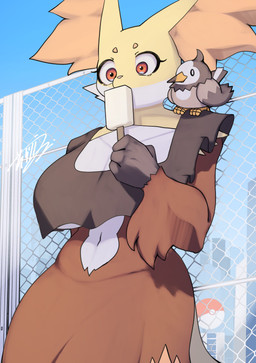 animal_on_shoulder anthro anthro_focus big_breasts bird_on_shoulder breasts day eyebrows eyelashes female female_anthro female_focus fence food fur holding_food holding_object holding_popsicle navel outside popsicle red_body red_eyebrows red_eyes red_fur short_eyebrows sky under_boob white_body white_fur yellow_body yellow_fur sorakabeuchi nintendo pokemon delphox generation_5_pokemon generation_6_pokemon pidove pokemon_(species) absurd_res hi_res signature