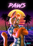 aloha_shirt anthro badge biped clothed clothing green_eyes grid open_clothing open_shirt open_topwear orange_body parody pattern_clothing pattern_shirt pattern_topwear retro shirt solo standing synthwave topwear ironraptor felid feline mammal colorful_theme digital_media_(artwork) half-length_portrait portrait