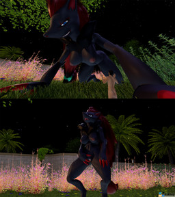 anthro blue_eyes breasts duo extreme_size_difference female genitals grass looking_at_another looking_pleasured looming low-angle_view male male/female micro night nipples palm_tree plant sharp_teeth size_difference smile teeth tree unbirthing vaginal vore vulva wall_(structure) hakhop nintendo pokemon generation_5_pokemon human mammal pokemon_(species) zoroark 2026 3d_(artwork) blender_(artwork) blender_cycles_(artwork) digital_media_(artwork) hi_res