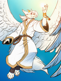 anthro belt chain claws clothing feathered_wings feathers feet finger_claws flying foot_wraps fur hair horn lock looking_aside male padlock paws red_eyes robe rope rope_belt snaggle_tooth solo text toe_claws white_body white_fur wings wraps howlite mythology canid canine canis dragon hybrid mammal mythological_creature mythological_scalie scalie wolf 2026 3:4 artist_name digital_media_(artwork) hi_res