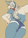 anthro blue_body blue_eyes blue_fur bottomwear breasts butt canid canine clothing digital_media_(artwork) fangs female fluffy fur hair hi_res inner_ear_fluff long_hair looking_at_viewer looking_back mammal multicolored_body multicolored_fur open_mouth shorts side_boob simple_background smile solo standing tan_body tan_fur tan_hair teeth toco_(artist) tuft two_tone_body two_tone_fur