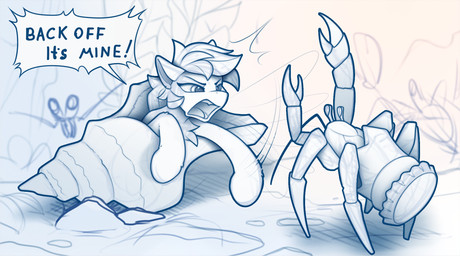 bottle_cap duo female feral fight hair hooves open_mouth seashell shell teeth text tongue yelling yakovlev-vad hasbro my_little_pony aquatic arthropod crab crustacean decapod equid equine hermit_crab malacostracan mammal 2020 digital_media_(artwork) english_text hi_res monochrome
