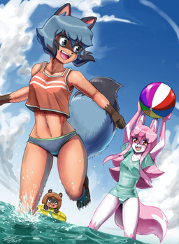 anthro ball beach_ball blue_eyes blue_hair blue_sky blue_tail breasts clothing female fur group hair inflatable orange_body orange_fur pink_body pink_fur pink_hair pink_tail red_eyes shirt sky swimwear tail tank_top topwear john_joseco brand_new_animal studio_trigger jackie_(brand_new_animal) michiru_kagemori nazuna_hiwatashi canid canine fox mammal raccoon_dog tanuki absurd_res digital_media_(artwork) hi_res shaded