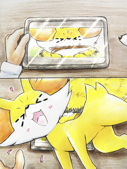 ambiguous_gender blush blush_lines duo eyes_closed feral first_person_view fur happy heart_symbol human_pov inner_ear_fluff motion_blur object_in_mouth open_mouth orange_body orange_fur pov_hands stick tablet_computer tail tail_motion tailwag tongue tuft white_body white_fur yellow_body yellow_fur eiroru nintendo pokemon canid canine fennekin generation_6_pokemon human mammal pokemon_(species) 2026 3:4 comic graphite_(artwork) hi_res traditional_media_(artwork)