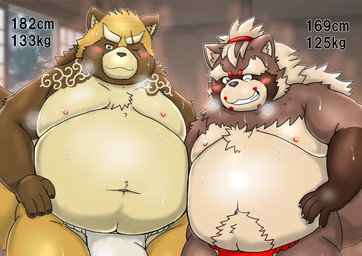 anthro asian_clothing belly big_belly blush bodily_fluids bulge clothing duo east_asian_clothing fundoshi japanese_clothing kemono male male/male moobs musk nipples one_eye_closed overweight overweight_male red_clothing red_fundoshi red_underwear scar sweat tattoo underwear white_clothing white_fundoshi white_underwear wink mametanu_tanuki lifewonders tokyo_afterschool_summoners goemon_(tas) gyobu_(tas) canid canine mammal raccoon_dog tanuki 2026