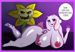 anthro belly bodily_fluids breasts butt duo female mature_female overweight overweight_anthro overweight_female plant slightly_chubby text voyeur wide_hips kiu_piu undertale undertale_(series) flowey_the_flower toriel bovid caprine elemental_creature flora_fauna goat mammal absurd_res english_text hi_res pseudo_incestuous_voyeur_(lore)