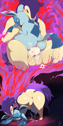 3_toes 4_fingers anthro anthro_on_feral anthro_penetrating anthro_penetrating_female anthro_penetrating_feral anus balls bestiality big_balls biped black_eyebrows blue_body blue_inner_ear blue_nose blue_sclera blue_tail blue_tail_tip blush blush_lines bodily_fluids butt cum cum_in_vagina cum_inside dipstick_tail duo elemental_manipulation erection eyebrows eyes_closed fangs feet female female_feral female_penetrated feral feral_penetrated fingers fire fire_manipulation from_behind_position from_front_position genital_fluids genitals glistening glistening_balls glistening_body glistening_butt glistening_genitalia gloves_(marking) hand_grab hand_on_another's_butt hand_on_butt larger_anthro larger_male leaking_cum leg_markings male male/female male_anthro male_on_feral male_penetrating male_penetrating_female male_penetrating_feral markings mastery_position multicolored_body nude nude_anthro nude_male open_mouth penetration penile penile_penetration penis penis_in_vagina pink_anus pink_penis purple_body quadruped sex size_difference smaller_anthro smaller_female smaller_penetrated socks_(marking) sweat sweaty_body tail tail_markings tan_balls tan_body tears teeth text thick_thighs toes tongue tongue_out vaginal vaginal_penetration vulva white_eyes wide_hips eryz nintendo pokemon canid canine eeveelution generation_4_pokemon generation_8_pokemon glaceon hisuian_form hisuian_typhlosion mammal mustelid pokemon_(species) regional_form_(pokemon) 2026 absurd_res artist_name digital_media_(artwork) hi_res signature