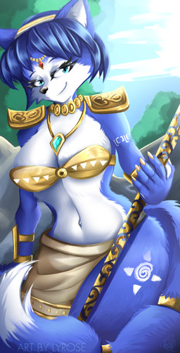 accessory anthro arm_markings bandeau blue_body blue_eyes blue_fur blue_hair bottomwear breasts choker circlet clothing dipstick_tail eyebrows eyelashes female fur furgonomics hair hair_accessory hairband jewelry leg_markings loincloth looking_at_viewer markings navel necklace ring short_hair smile solo staff tail tail_accessory tail_jewelry tail_markings tail_ring text thigh_markings topwear white_body white_fur lyrose nintendo star_fox krystal_(star_fox) canid canine fox mammal 2024 artist_name hi_res