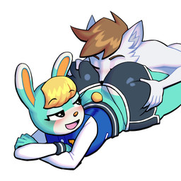 anthro big_butt blonde_hair blush bottomwear brown_hair butt butt_focus butt_grab butt_sniffing butt_squish clothing dolphin_shorts duo face_in_ass femboy hair half-closed_eyes hand_on_butt huge_butt jacket lidded_eyes looking_at_another looking_at_partner lying male male/male narrowed_eyes on_front shorts smile smiling_at_another sniffing squish tail thick_thighs thong three-quarter_view topwear underwear wide_hips lovetopullmicke animal_crossing nintendo connor_(cks_nsfw) sasha_(animal_crossing) canid canine canis domestic_dog lagomorph leporid mammal rabbit 1:1 absurd_res alternate_version_at_source hi_res