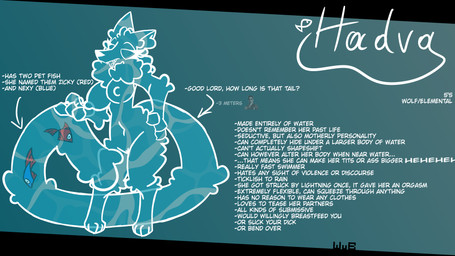 anthro aquarium_body big_breasts blue_body breasts claws digitigrade empty_eyes female genitals hand_on_hip inner_ear_fluff long_tail neck_tuft nipples nude nude_anthro nude_female open_mouth red_body smile solo tail text thick_thighs tuft vulva water wide_hips wub_(artist) hadva_(wub) aquatic canid canine canis elemental_creature fish mammal water_creature wolf 16:9 english_text hi_res model_sheet signature widescreen