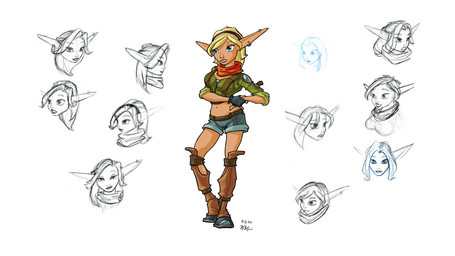 blonde_hair bottomwear breasts clothing ear_piercing ear_ring female fingerless_gloves gloves green_clothing green_topwear hair handwear humanoid_pointy_ears navel not_furry piercing pointy_ears ring_piercing shorts simple_background smile solo standing topwear white_background bob_rafei jak_and_daxter naughty_dog sony_corporation sony_interactive_entertainment tess_(jak_and_daxter) elf humanoid 16:9 2002 hi_res official_art widescreen