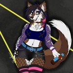 anthro beer_bottle belt bottle bottomwear bracelet breasts chain_jewelry chest_tuft cleavage clothed clothing collar colored_nails container female fishnet_clothing fishnet_legwear fur hair heterochromia highlights_(coloring) jewelry legwear looking_at_viewer midriff multiple_piercings nails navel navel_piercing piercing pride_color_accessory raver shirt shorts simple_background smile smiling_at_viewer solo sparkles stockings tail tank_top teeth tongue topwear translucent translucent_clothing tuft white_body white_fur deerwalker canid canine canis domestic_dog husky mammal nordic_sled_dog spitz flat_colors hi_res line_art