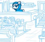 blue_and_white bottle clothing container door earth_pony equid equine fan_character feral ficficponyfic hasbro hoodie horse male mammal monochrome my_little_pony pony simple_background solo stairs topwear urn