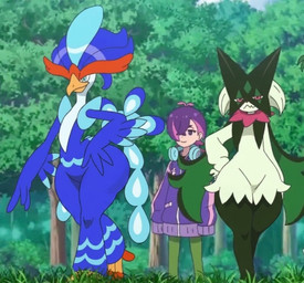 ambiguous_gender anthro big_butt butt duo_focus featureless_crotch group hand_on_hip outside standing thick_thighs trio wide_hips bjarru third-party_edit nintendo pokemon pokemon_(anime) liko's_meowscarada generation_9_pokemon human mammal meowscarada pokemon_(species) quaquaval screencap_edit female_(lore) male_(lore)