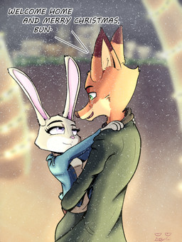 alternate_costume anthro bottomwear closed_smile clothed clothed_anthro clothed_female clothed_male clothing countershade_face countershade_fur countershading dialogue dipstick_ears duo ear_markings eye_contact eyebrows eyelashes female female_anthro fingers fully_clothed fully_clothed_anthro fully_clothed_female fully_clothed_male fur green_eyes grey_body grey_fur holidays jacket larger_male long_ears looking_at_another looking_at_partner looking_down looking_down_at_partner looking_up_at_partner male male_anthro merry_christmas mouth_closed multicolored_ears open_mouth orange_body orange_fur pants pet_name pink_nose purple_eyes romantic romantic_couple shirt size_difference smaller_female smile snout snow snowing speech_marker text topwear welcoming doylecoati christmas disney zootopia judy_hopps nick_wilde canid canine european_rabbit fox lagomorph leporid mammal oryctolagus rabbit red_fox true_fox 2021 3:4 digital_media_(artwork) english_text hi_res signature