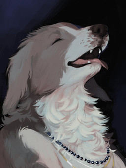 ambiguous_gender anthro black_background eyes_closed fangs fur gem jewelry multicolored_body multicolored_fur neck_tuft necklace open_mouth pearl_(gem) pearl_necklace simple_background solo teeth tongue tongue_out tuft luckymuttz canid canine canis domestic_dog mammal 2025 3:4 hi_res