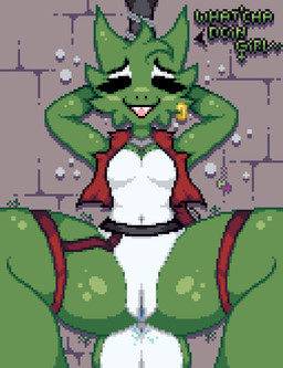 anthro anus belt bodily_fluids breasts chain choker clothed clothing ear_piercing featureless_breasts female genital_fluids genitals green_body green_scales hands_behind_head horn jewelry legband navel necklace non-mammal_breasts non-mammal_navel open_clothing open_shirt open_topwear piercing scales shirt small_breasts solo spread_legs spreading tail topwear vaginal_fluids vulva white_body white_scales hantanyaw44 hanta kobold scalie absurd_res hi_res