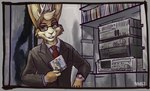 anthro antlers brown_body brown_eyes brown_fur buckteeth clock clothed clothing eyewear fur glasses holding_object horn looking_at_viewer male necktie solo suit teeth watch wristwatch savaj_bunny american_psycho jackalope lagomorph leporid mammal rabbit 2021 absurd_res hi_res