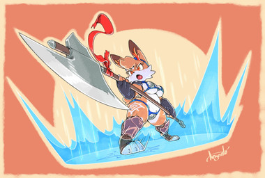anthro armor axe battle_axe big_breasts breasts cheek_tuft countershade_face countershading dipstick_ears ear_markings facial_tuft female fighting_pose fur fur_markings head_tuft markings multicolored_ears orange_background orange_body orange_eyes orange_fur pose shortstack shortstack_female simple_background solo thick_thighs tuft unconvincing_armor under_boob weapon wide_hips argento atlyss jane_(atlyss) lagomorph leporid mammal poon_(atlyss) rabbit 2025 digital_drawing_(artwork) digital_media_(artwork) hi_res