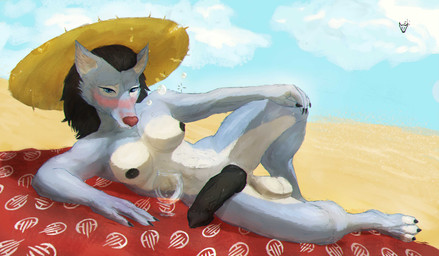 alcohol animal_genitalia animal_penis anthro balls beach bedding beverage black_hair black_nipples black_penis blanket blue_body blue_eyes blue_fur blush blush_lines breasts bubble canine_genitalia canine_penis claws clothing drunk feet flaccid fur genitals glass gynomorph hair hand_on_knee hand_on_leg hat headgear headwear intersex lying nipples nonan on_side penis red_nose sand seaside smile smirk solo straw_hat substance_intoxication sunny white_body white_fur umbraunderscore blizzard_entertainment warcraft canid canine canis mammal werecanid werecreature wolf worgen absurd_res hi_res