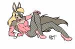 anthro biped blonde_hair bunny_costume clothing costume female fishnet_clothing footwear hair high_heels legwear lying on_back shoes simple_background solo stockings white_background vawlkee playboy canid canine canis mammal wolf 1994